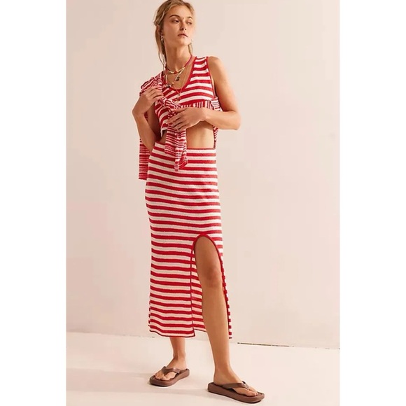 NWT Free People Bailey 3 Piece Sweater Set Skirt Top Terry Red White Stripe - Picture 1 of 14